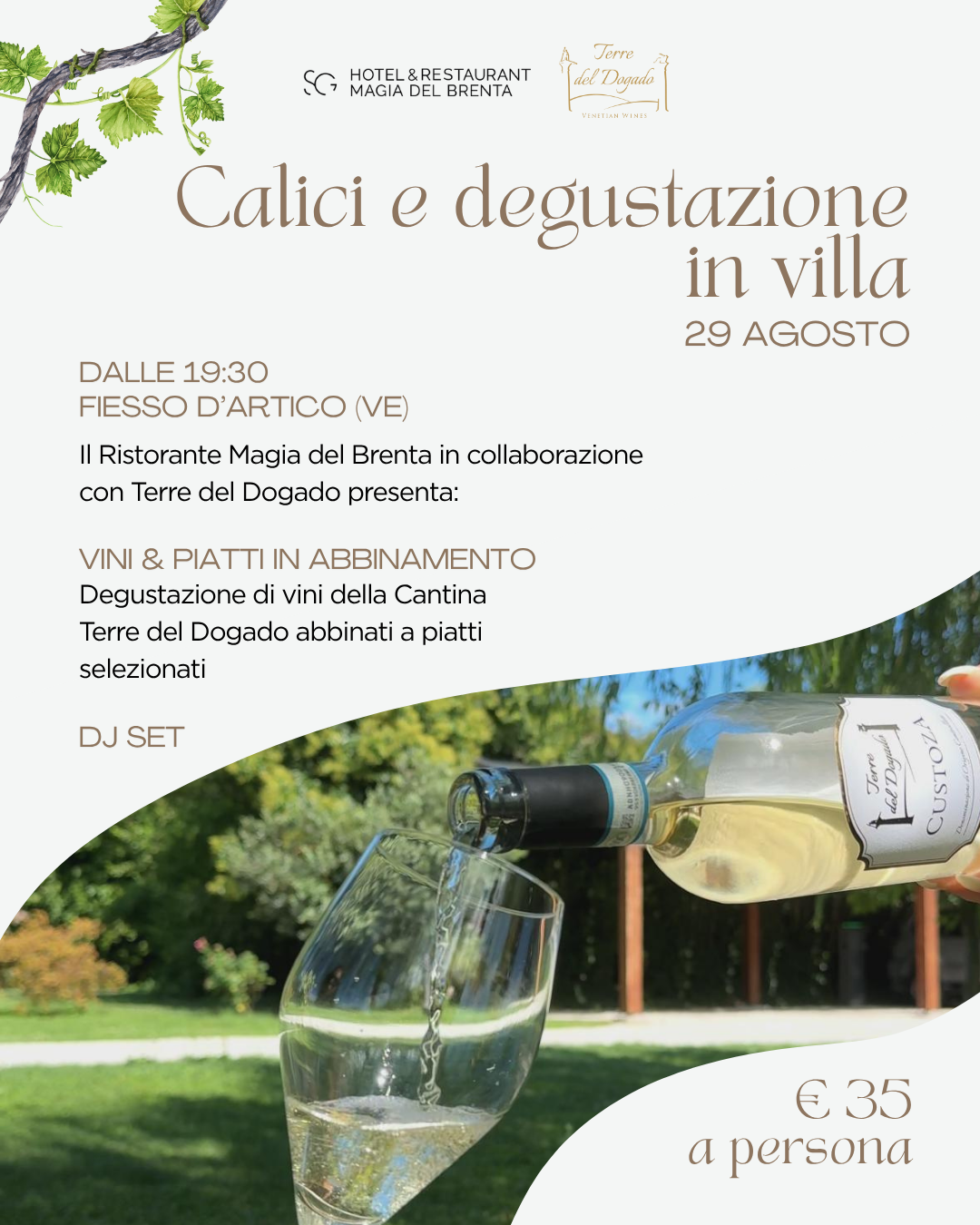 calici e degustazione in villa Fiesso d'Artico Degustazione di vini e piatti selezionati all'Hotel & Restaurant Magia del Brenta